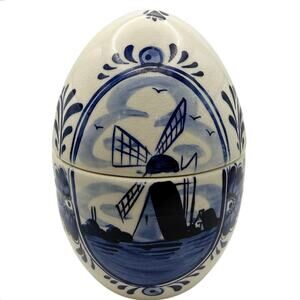 DAIC Delft Egg Trinket Box • 6” • Windmill & Floral • Vintage Holland • Crazing